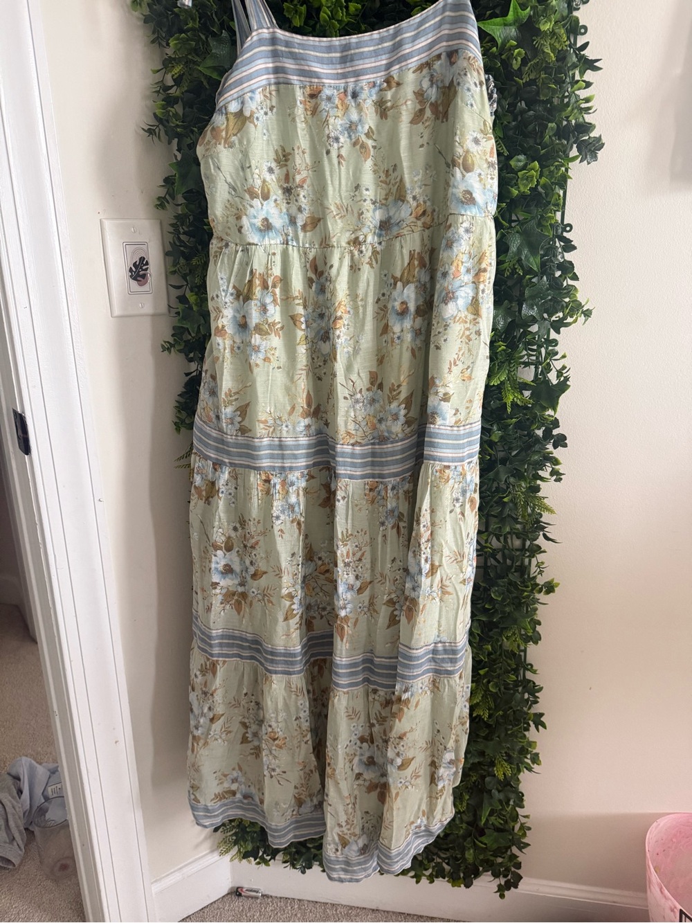 Sweet Wanderer Light Green Floral Midi Dress with Blue and Tan Accents